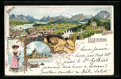 Lithographie Luzern, Teilansicht vom Gütsch, Bahnhof, Löwendenkmal