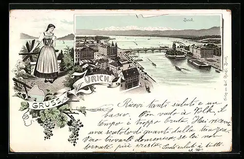 Lithographie Zürich, Teilansicht mit Brücke, Züricherin