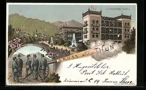 Lithographie Thun, Ansicht der Caserne, Schiessübungen