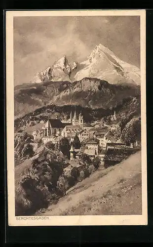 Künstler-AK Edward Theodore Compton: Berchtesgaden, Ortsansicht mit Berggipfeln
