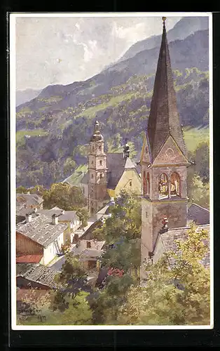 Künstler-AK Edward Theodore Compton: Berchtesgaden, Protestantische und Franziskaner-Kirche