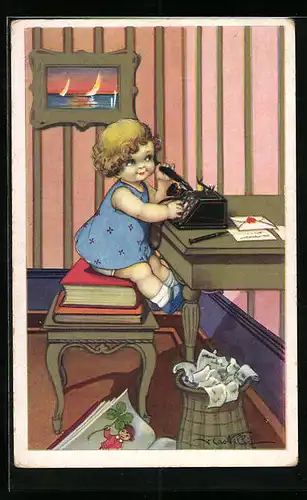 Künstler-AK Castelli: Kleines Mädchen am Schreibtisch wählt eine Nummer am Telefon