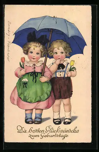 Künstler-AK Lia Döring: Kleines Paar unter einem Schirm präsentiert Tulpen, Geburtstagsgruss