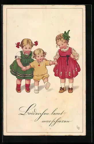 Künstler-AK Lia Döring: Zwei Mädchen helfen einem Kleinkind beim marschieren