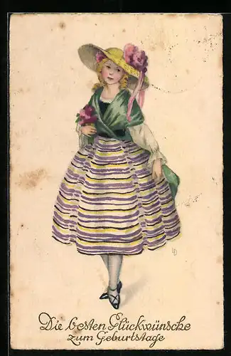 Künstler-AK Lia Döring: Junge Dame im Reifrock mit Strohhut und Blümchen, Geburtstagsgruss