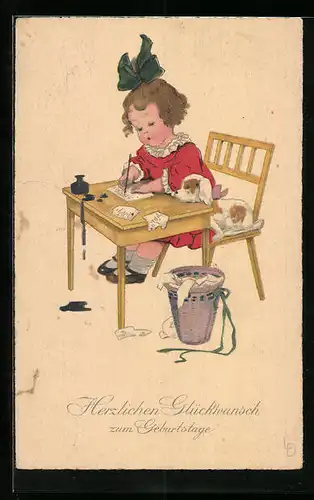Künstler-AK Lia Döring: Kleines Mädchen mit Hund schreibt einen Brief, Geburtstagsgruss