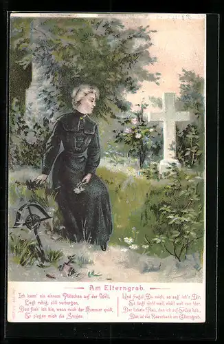 AK Junge Frau in schwarzem Kleid am Elterngrab