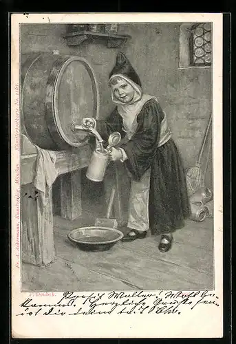 Künstler-AK Franz Doubek: München, Münchener Kindl zapft Bier aus einem Fass