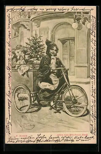 Künstler-AK Franz Doubek: München, Münchener Kindl auf einem Dreirad mit Geschenken und Christbaum