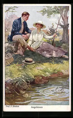 Künstler-AK Franz Doubek: Angebissen, Junges Paar beim Angeln