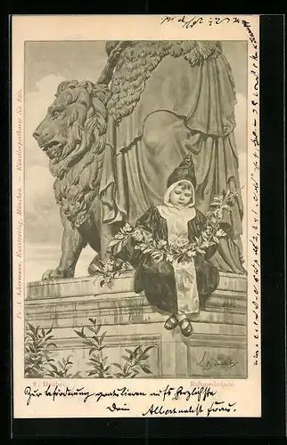 Künstler-AK Franz Doubek: München, Münchener Kindl beim Binden eines Ruhmeskranzes