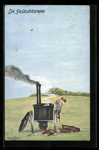 Künstler-AK Carl Diehl: Die Gulaschkanone, Kleiner Soldat beim Kochen