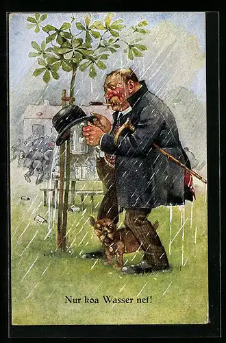 Künstler-AK Betrunkener schützt Bierkrug vor Regen Nur koa Wasser net, Trinkerhumor