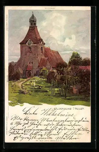 Künstler-AK Carl Biese: Oldenburg /Holst., Wiesen vor der Kirche