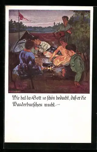 Künstler-AK Otto Amtsberg: Wanderburschen am Feuer