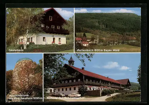 AK Rettenbach /Bayer. Wald, Ortsansicht, Kurhotel Gut-Schmelmerhof, Aussichtsturm am Hirschenstein