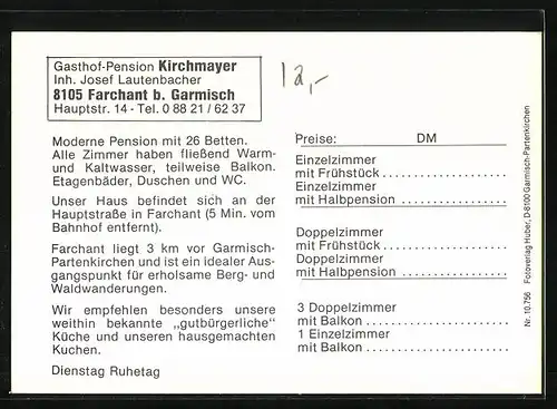 AK Farchant b. Garmisch, Gasthof-Pension Kirchmayer, Inh.: Josef Lautenbacher, Hauptstrasse 14
