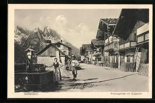 AK Garmisch, Frühlingstrasse mit Zugspitze