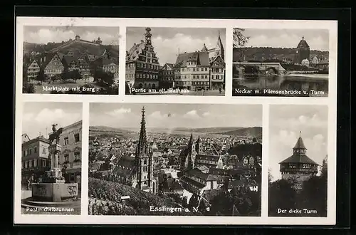 AK Esslingen a. N., Ortsansicht, Marktplatz mit Burg, Der dicke Turm, Altes Rathaus