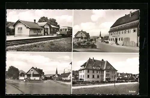 AK Linsenhofen /Kreis Nürtingen, Strassenpartie mit Gasthof zur Linde, Bahnhof, Schule