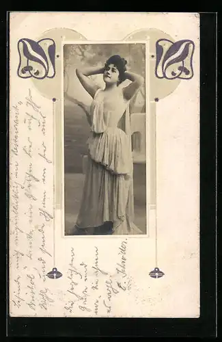 Foto-Collage-AK Junge Dame im Kleid, Jugendstil
