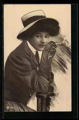 AK Dame in Fotomontage mit Hut und Zigarette