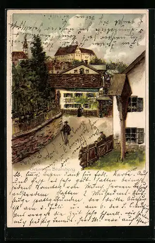 Lithographie Starnberg, Ortsansicht mit Wanderer