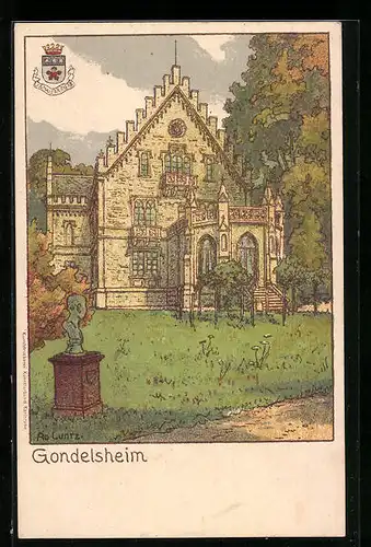 Lithographie Gondelsheim, Schloss, Büste, Wappen