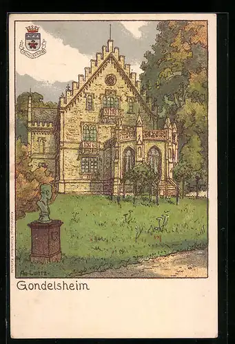 Lithographie Gondelsheim, Schloss, Büste, Wappen