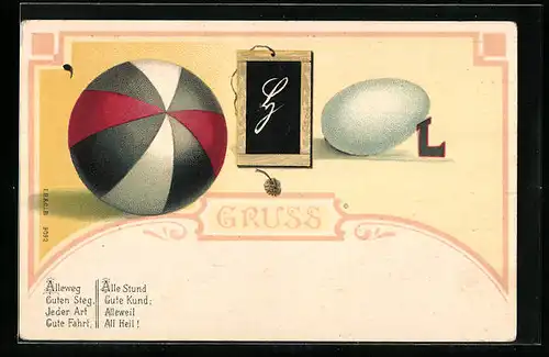 AK Rebus mit Ball, Tafel und Ei