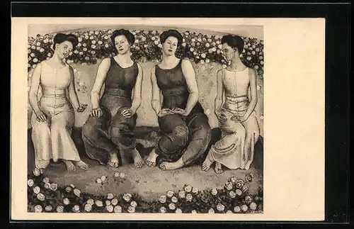 Künstler-AK Ferdinand Hodler: Heilige Stunde, Damen sitzen verträumt zwischen Blüten