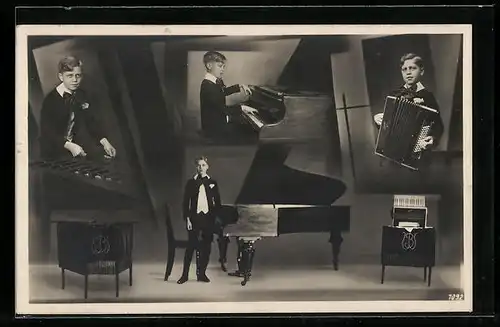 AK Junge am Klavier, Xylophon und Akkordeon