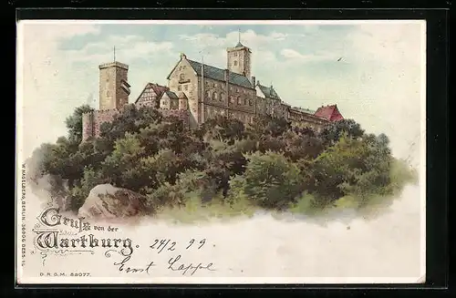 Lithographie Eisenach, Blick auf die Wartburg, Halt gegen das Licht