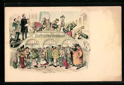 Lithographie Städtisches Versatzamt, Menschen erbitten Gegenstände vom Gerichtsvollzieher