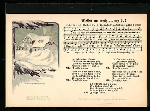 Lied-AK Anton Günther Nr. 19: Lied in erzgeb. Mundart Bleibn mr aweng do!