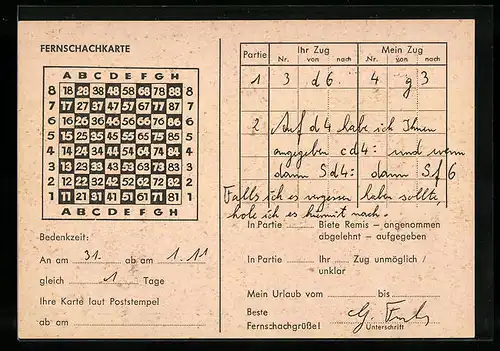 AK Fernschachspiel mit eingetragenen Zügen