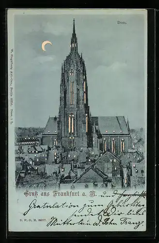 Mondschein-AK Alt-Frankfurt, Blick auf den Dom, Halt gegen das Licht