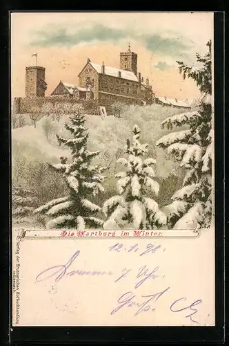 Winter-Lithographie Eisenach, Wartburg im Winter