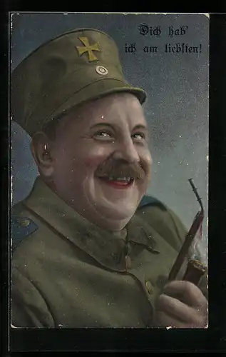 Künstler-AK Grinsender Soldat mit Pfeife, Rauchen