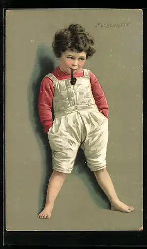 Künstler-AK Kind mit Pfeife im Mund, Rauchen