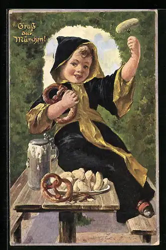 Künstler-AK Münchner Kindl mit Brezel und Weisswurst