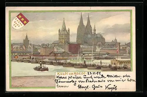 Künstler-AK Franz Hein: Köln am Rhein, Uferpartie mit Dom, Wappen