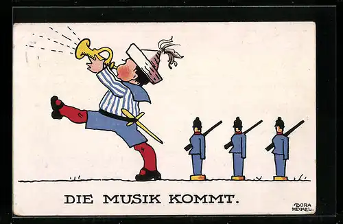 Künstler-AK Dora Heckel: Die Musik kommt, Junge mit Trompete und Spielzeugsoldaten