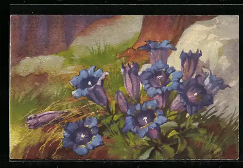 Künstler-AK Anna Haller: Blaue Glockenblumen an einem Stein