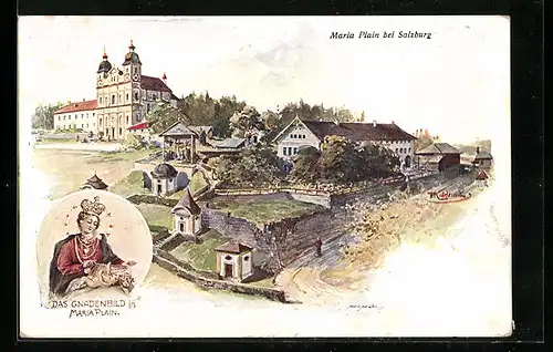 Künstler-AK Franz Kulstrunk: Maria Plain bei Salzburg, Ortspartie mit Kirche, Das Gnadenbild