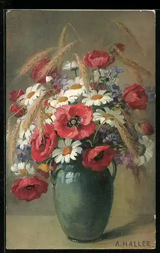 Künstler-AK Anna Haller: Mohnblumen und Margeriten in einer Vase