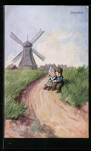 Künstler-AK Ad. Hoffmann: Holländisches Pärchen sitzt am Strassenrand, Im Hintergrund Windmühle