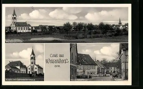 AK Weisendorf /Ofr., Hauptstrasse mit Gasthaus und Denkmal, Kirche mit Schwesternhaus, Teilansicht mit Kirche