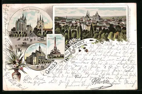 Lithographie Erfurt, Dom und Severinkirche, Rathaus, Monumental-Brunnen