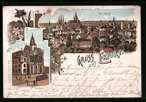Lithographie Erfurt, Totalansicht, Rathaus